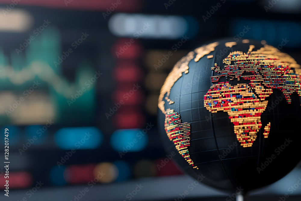 Poster a close-up of a world globe against a blurred screen displaying financial data. the image represents