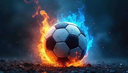 Naklejka premium Burning soccer ball enveloped in red, blue flames. Intense action, energy on dark background. Concept for sport, competition, power, magic, penalty. Passion and explosive motion in dynamic image.