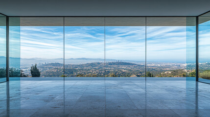 Fototapeta premium Modern Interior with Panoramic View of Cityscape and Mountains
