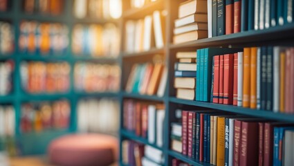 Naklejka premium Cozy library interior with colorful books on shelves and a relaxing reading nook in the afternoon light