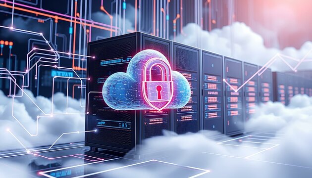 Cloud computing and network security concept. Futuristic Server Concept. Digitally generated image, perfectly usable for all kinds of technology-related topics, especially computer networks, artificia