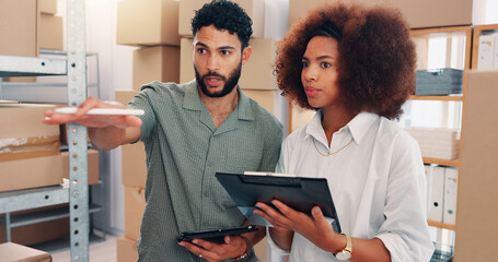 Team, shipping and people check stock, inventory count or cargo management on tablet. Distribution, planning or supply chain for logistics discussion, ecommerce or clipboard for business in warehouse