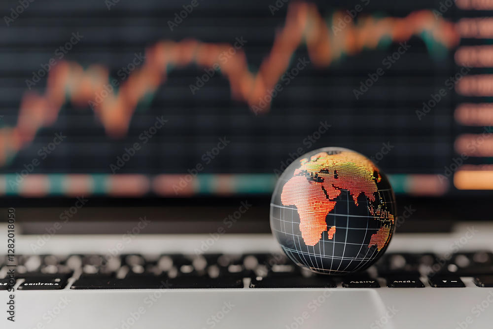 Poster global finance: a world globe resting on a laptop keyboard, with a blurred stock market graph displa