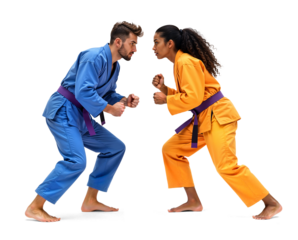 Male and Female Martial Artists in Blue and Yellow Gis Preparing to Fight