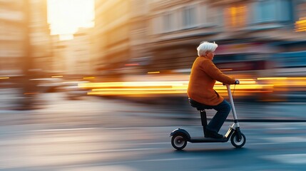 Elderly person riding an electric scooter through a bustling city street during sunset hours