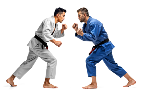 Brazilian Jiu-Jitsu Fighter in Grey and Blue Gis Facing Each Other on Isolated Background