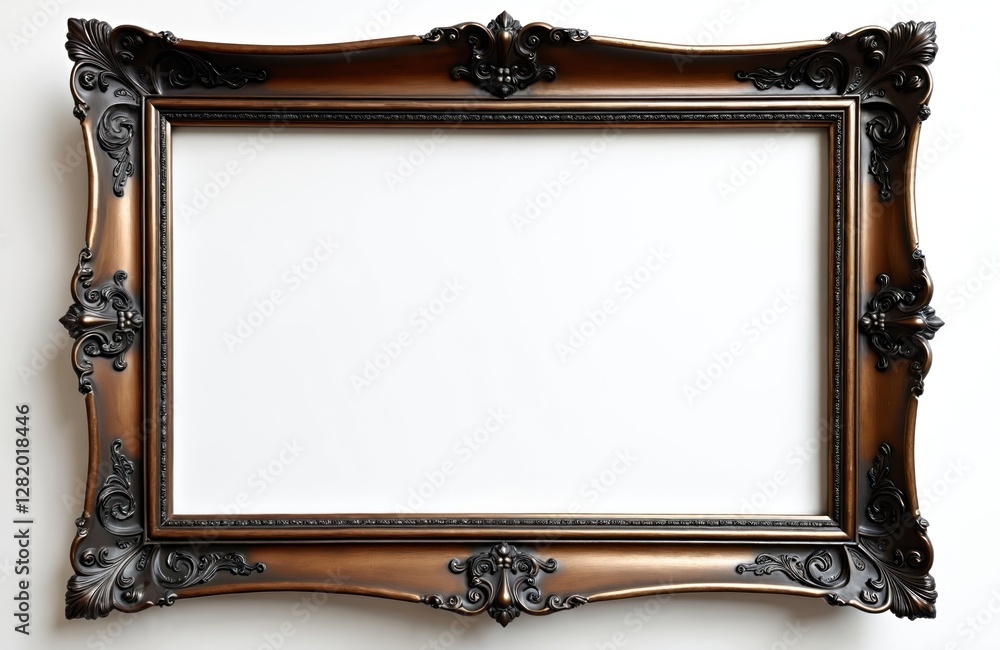 Poster vintage ornate photo frame with empty space on white background. brown decorative framework with ant