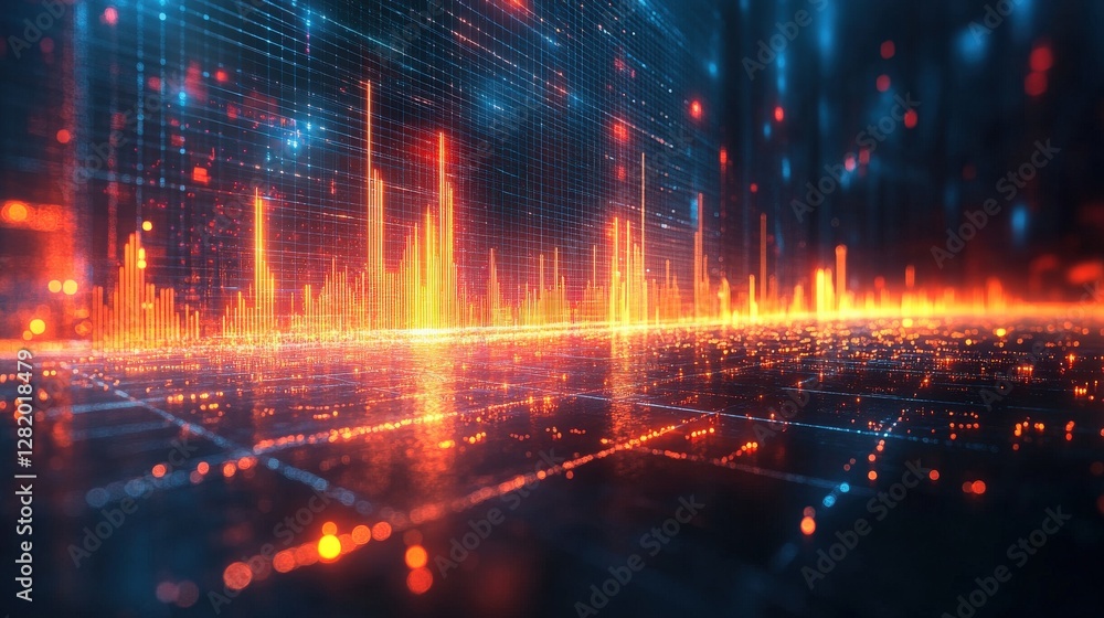 Poster abstract digital landscape with glowing data visualizations and vibrant light effects