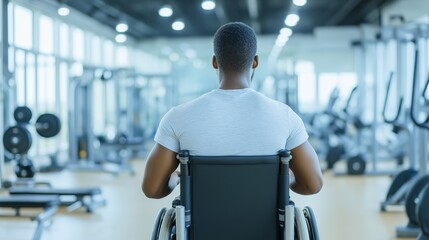 Fitness enthusiast in wheelchair engages in workout at modern gym during daytime