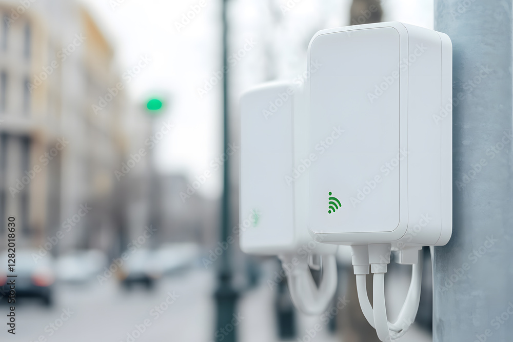 Poster wireless technology: two white, sleek devices with a wi-fi symbol attached to a pole in a blurred ur