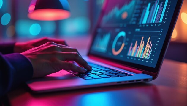 Person types on laptop keyboard near graphs, charts. Data analysis, financial planning, statistics, digital marketing, campaign optimization, measurement, business strategy concepts on neon vivid