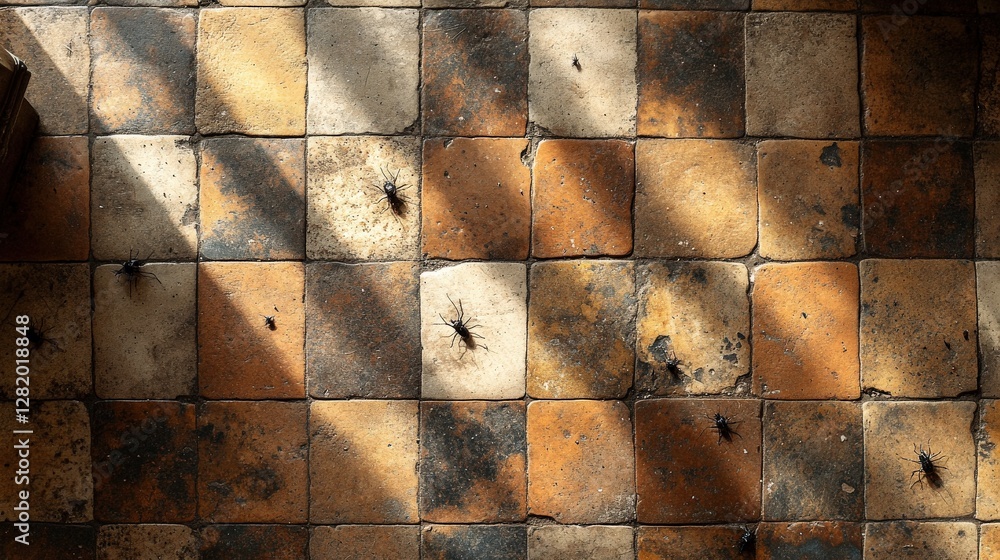 Poster close-up view of a tiled floor with scattered insects and sunlight casting shadows