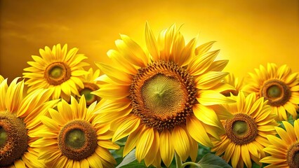 Fototapeta premium Sunflowers, a harvest symbol, burst against a sunny yellow background.