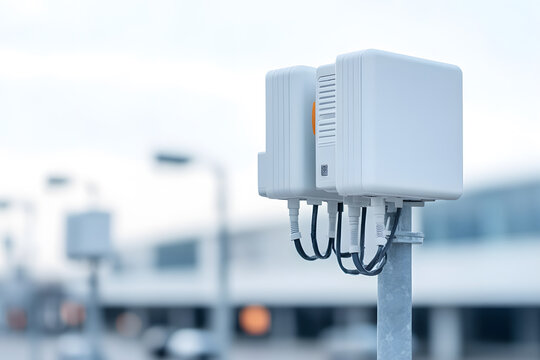 A modern telecommunications installation, composed of two white modules atop a silver pole, cables connecting them, against a blurred cityscape background.