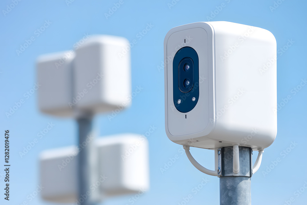 Poster modern white security camera mounted on a pole. the camera features a lens array and is set against 