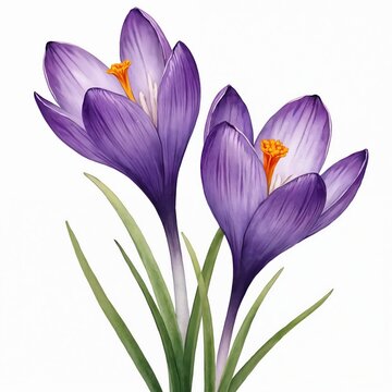 Watercolor drawing two purple crocus flowers. Romantic violet saffron spice plant with green leaves isolated on white background. Botanic floral blossom element. Spring garden season design.