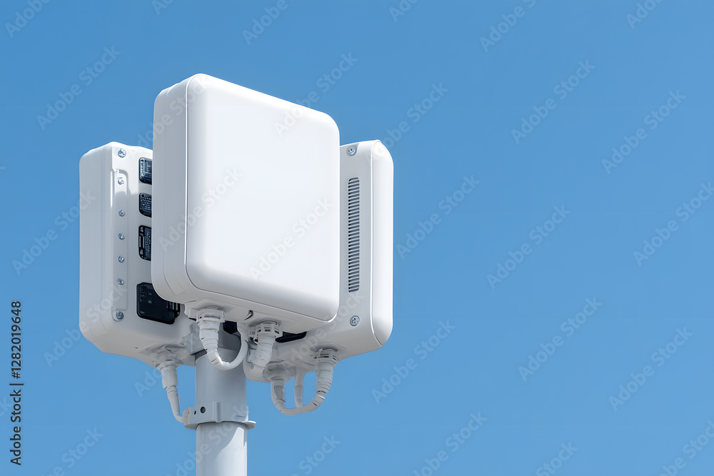 Poster wireless communication tower against a blue sky. antennas providing network coverage, modern telecom