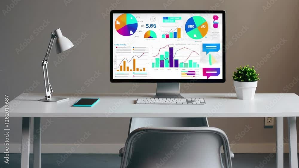 Aufkleber Financial data and business charts dynamically evolving on desktop computer screen, displaying growth analytics in modern office workspace with white desk, captured through slow motion sequence