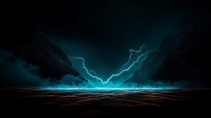 Dramatic lightning striking a serene lake surrounded by dark mountains at night