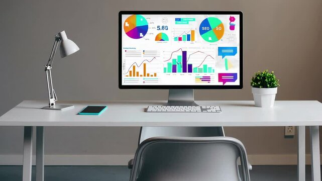 Financial data and business charts dynamically evolving on desktop computer screen, displaying growth analytics in modern office workspace with white desk, captured through slow motion sequence