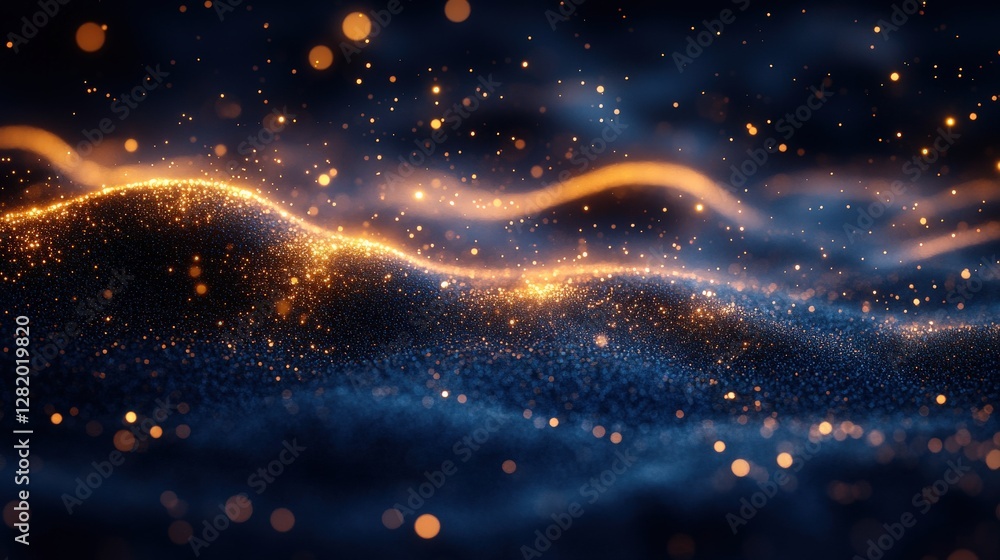 Poster abstract glowing waves with shimmering particles in a dark background, creating a mystical atmospher