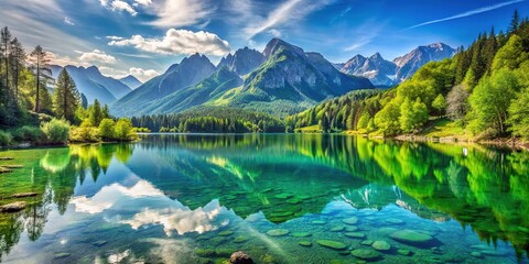 Fototapeta premium Vast mountain lake, spectacular views; mirrored reflections.