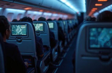 Fototapeta premium Passengers inside airplane cabin using entertainment system during flight. Seats rows, monitors screens display flight information map, route. Air travel, business trip. Modern comfortable service,