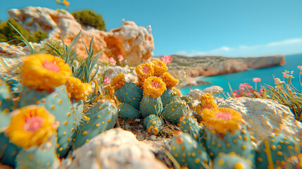 Coastal Cactus Bloom, Sunny Mediterranean Beach