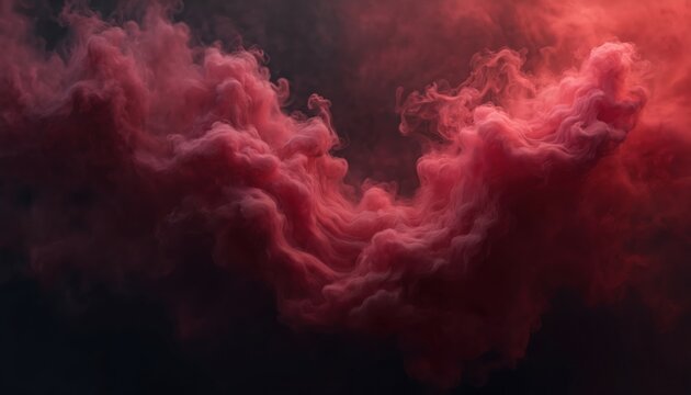 Maroon mist on black background. Red smog, steam spreads. Dark mysterious design, texture, visual. Magic swirl. Air full of smoke. Track from event with special atmosphere and scene.