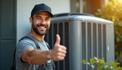 Electrician smiles, gives thumbs up near AC unit outdoor. Confident repairman in uniform offers conditioning system installation, maintenance service. Expertise in home energy efficiency, cool