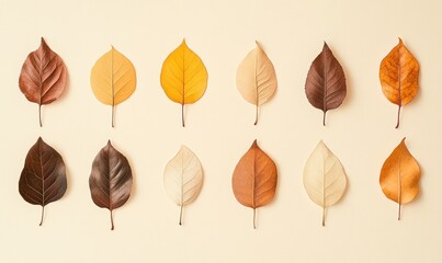 Obraz premium Autumn leaves arranged in rows on beige background.