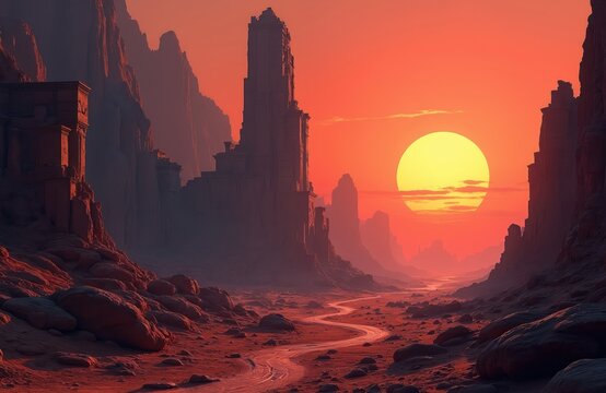 Sunset view of desert canyon with ancient alien ruins. Orange sunlight bathes mesa rocks with path road, building silhouettes. Mystery concept of extraterrestrial civilisation in desolate barren - Powered by Adobe