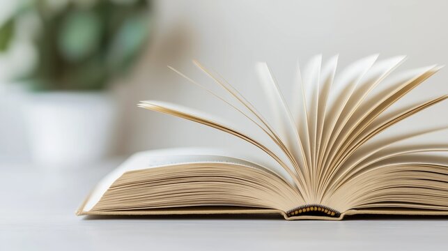 Open book displaying turning pages on a light surface with a blurred plant in the background