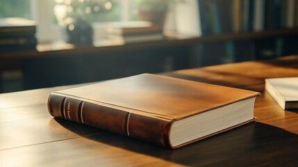 Old leather-bound book resting on a wooden table in a sunlit room with bookshelves