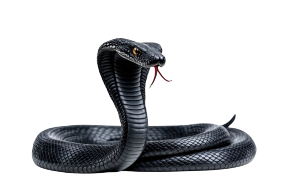 Intimidating Black Cobra Poised with Hood Expanded and Tongue Flicking, Isolated on Transparent and White Background