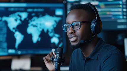 Young professional engages in a conference call while using a microphone and headset in a high-tech workspace