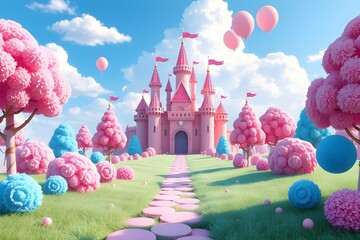 Pink pastel candy land fantasy landscape with pink palace. Sweet hills, lollipops create road leading to castle. Fluffy cotton candy trees, colorful candy mushrooms decorate scene
