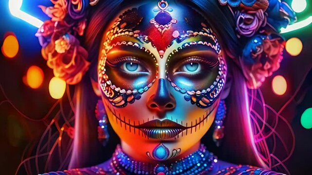 Forte olhar de mulher com maquiagem tem&aacute;tica dia de los muertos em meio a luzes neon coloridas