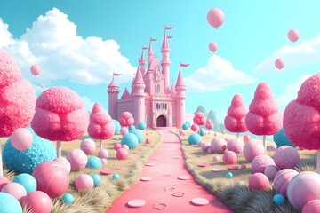 Pink pastel candy land fantasy landscape with pink palace. Sweet hills, lollipops create road leading to castle. Fluffy cotton candy trees, colorful candy mushrooms decorate scene