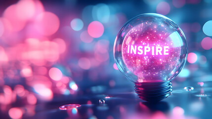 Inspiring lightbulb, neon lettering, creative idea, concept, background bokeh