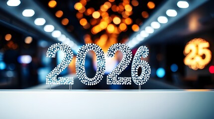 Realistic Happy New Year 2026 Celebration with Bold Text on 100 Percent Pure White Wall in Modern Minimalist Style