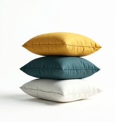 Stack of three pillows in yellow, teal and white colors. Soft comfortable cushion, home interior decoration element on white background. Add cozy touch to home design. Modern minimalistic style.