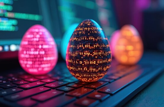 Glowing Easter eggs with digital code patterns on programmer workspace. Eggs emit multicolored neon light. Cyberpunk holiday concept on keyboard, computer background. Modern technology festive bright