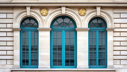 Fototapeta premium Teal windows, ornate stone facade