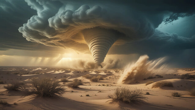 Massive Tornado in a Stormy Desert: Dark Skies, Raging Winds, and Twisting Funnel Cloud Over Arid Dunes