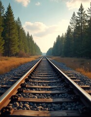 Obraz premium Perspective view of single railway track disappearing into distance. Industrial landscape with railroad stretches through forest belt. Transport infrastructure, rail line for train logistic delivery,