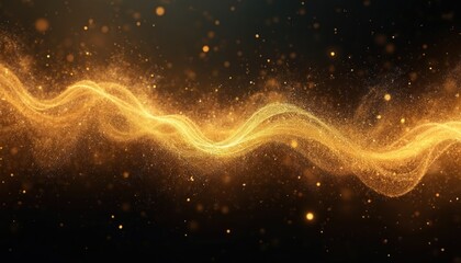 Obraz premium Abstract magic gold dust with light on black background. Beautiful golden art widescreen wallpaper, festive sparks texture, shiny particles flow. Stars in galaxy, cosmic nebula space dust.