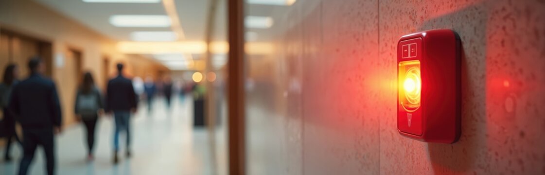 Bright red fire alarm flashes in indoor corridor. People walk by in blurred background. Emergency activation for safety, security in public space. Warning light signals alert response, evacuation