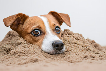Dog buried in sand. Headshot of small, brown and white dog with worried eyes and a black nose looking out from a mound of soft, light-brown sand.