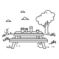 Picnic table outdoors with food and drinks under a tree.